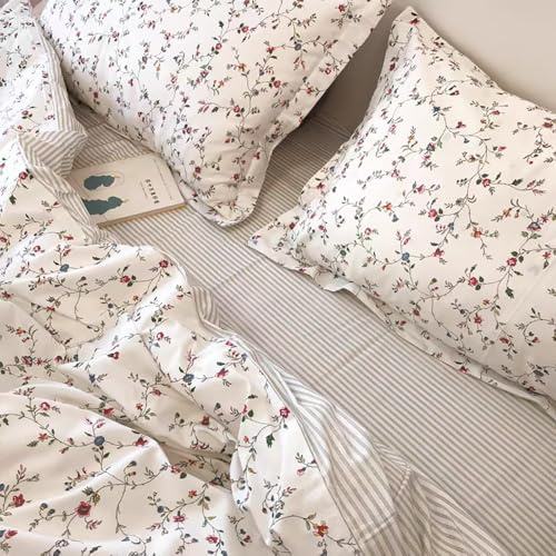 Covebett Housse de Couette 140x200 Fleurie Beige Floral Réversible Gris Rayé Parure de lit 1 Personne Fleur Feuilles en Microfibre Linge de lit avec Fermeture Éclair et 1 Taies d'oreiller 65x65cm