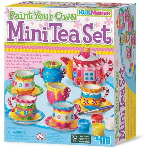 4M Paint Your Own 13-Piece Mini Tea Kit | Painting Craft Set with Paints & Brush | Personalised Porcelain Tea Party Decor & Ornament Art Activity for Children Aged 8+ | Creative Gift Idea for Kids