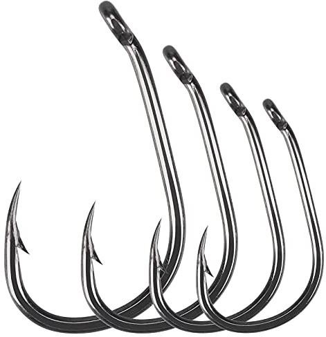 Luroad Lot de 50 Hameçons Carp avec Ardillon - Taille 2, 4, 6, 8, 10 - Disponible en Tige Incurvée Revêtue de Téflon et Hameçon Large pour Eau Douce et Salée