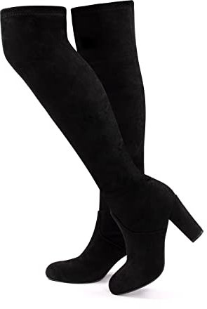Overknees Stiefel Damen Boots Schnürstiefel Frauen Kniehoch Langschaft Blockabsatz Elastisch Weiter 9.5 cm F Schwarz 38