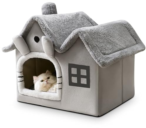 ALLSOPETS Cat House Indoor Dog House Foldable Pet Bed with Roof, Warm Cosy Nest with Removable Cushion for Cats Puppies Small Dogs (Gray Cat, M)