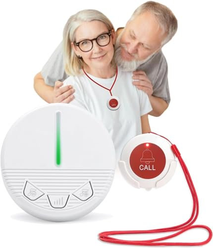 CYSSJF Pulsante Di Chiamata Wireless, Cercapersone Per Badanti, Pulsante Allarme Anziani, Allarme Bagno Disabili, Sos Per Anziani Al Collo (1 Pulsante Emergenza+1 Ricevitore)