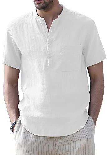 Muscle Cmdr Hombres Algodón Camisas Henley Todos los días Ligero de Manga Corta de Playa Hawaiana Suave tee Blanco L