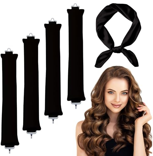 4 Pièces Boucle Sans Chaleur Bigoudis Cheveux avec Foulard Cheveux Femme Heatless Hair Curlers Overnight Blowout Bigoudis Sans Chaleur Pour Grandes Boucles Outils de Coiffure Bricolage (Noir, 30cm)