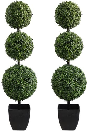 momoplant 3.3ft Artificial Boxwood Topiary Ball Trees, Set of 2 Fake Topiary Triple Ball Boxwood Tree, Faux Bushes/Shrubs Green Plants Potted for Outdoor/Indoor Home Office Garden Decor