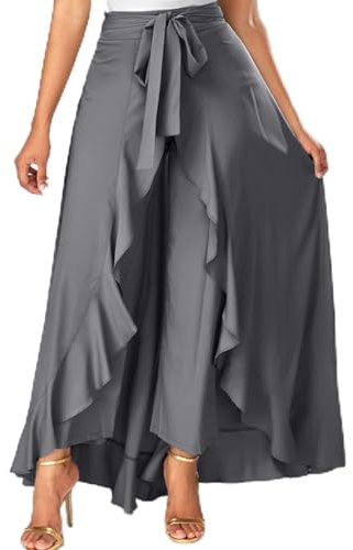 Pantalon élégant à nouer à la taille - Ourlet à volants irréguliers - Jupe longue fendue - Pantalon palazzo élégant et fluide à jambe large pour l'été - Vêtements de travail décontractés, gris, M