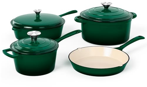 MAISON ARTS Enamel Cast Iron 7 Piece Cookware Set, Dutch Oven Pot with Lid, Emerald Non Stick Pots and Pans set, Oven Safe up to 500°F