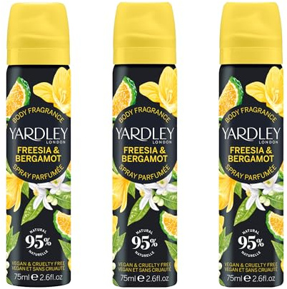 Yardley London Freesia and Bergamot Spray Corporal, Spray Corporal Floral para Mujer con Notas de Bergamota y Limón, Bruma Corporal Freesia para Mujer 3 x 75ml