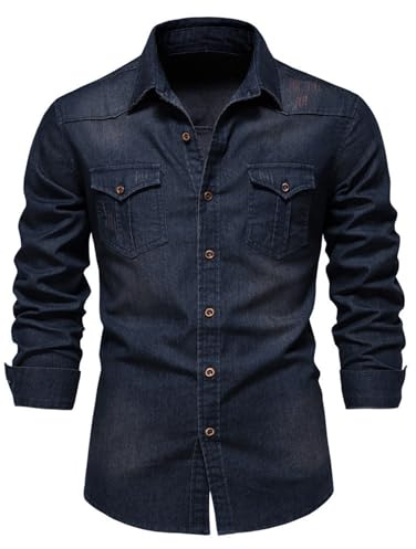 Aunribor Hombre Camisa con Botones Algodón Solapa Manga Larga Diseño Vaquero Envejecido Blusa Casual Moda Dos Bolsillos Chaqueta