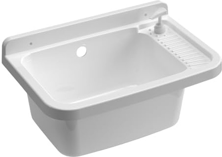 Buystar Lavandino Pilozzo a Muro Rettangolare in Resina, Dispenser - Sifone, Piletta, da Esterno, Interno, Vasca, Lavanderia, Garage, a Mano, Lavaggio, Resistente agli Acidi, Capiente - Bianco