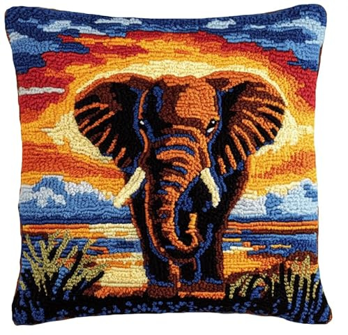 WallustrioaW Knüpfkissen-Set Vorgedruckte Elefant Für Erwachsene Und Anfänger Netz-Knüpfhaken Teppich-Kits Bastelkissen-Set Für Zuhause,Sofa,Dekoration,43 X 43Cm