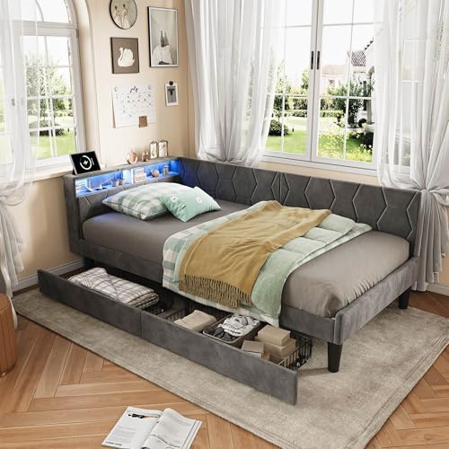 BestAlice Sängklädselsäng 90 x 200 cm med 2 lådor, säng 90 x 200 med lagringsutrymme och LED, enkelsäng med sänggavel och förvaringsfack, modern ungdomssäng, vuxensäng, sängram med ribbotten, grå