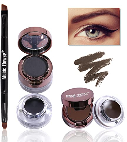Music Flower Eyeliner gel & Trucco sopracciglia, Eyeliner waterproof negro marrón Smudge Resistant Long Wear Makeup Delineador De Ojos with Brush, Mirror, 0.49 oz, Pack de dos