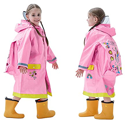 Baogaier Rain Poncho Hooded Kids Raincoat Girls Waterproof Ponchos Puddle Suit Rainwear Refletive 3D Animal Pattern Coat Cover All in One Jacket Transparent Hat Brim Unisex Children Age 6-8 Years Pink