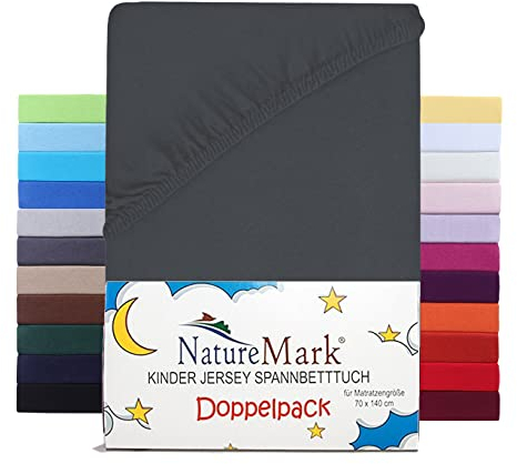 NatureMark Juego de 2 sábanas bajeras infantiles de 70 x 140 cm, punto suave, 100% algodón, para cuna y cuna, color antracita/gris