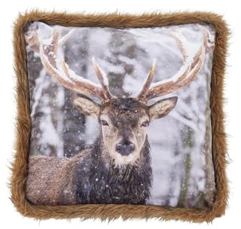 DONE Kissenbezug Tiermotiv Hirsch im Schnee beidseitig Bedruckt Samtimitat Webpelsbesatz Winter