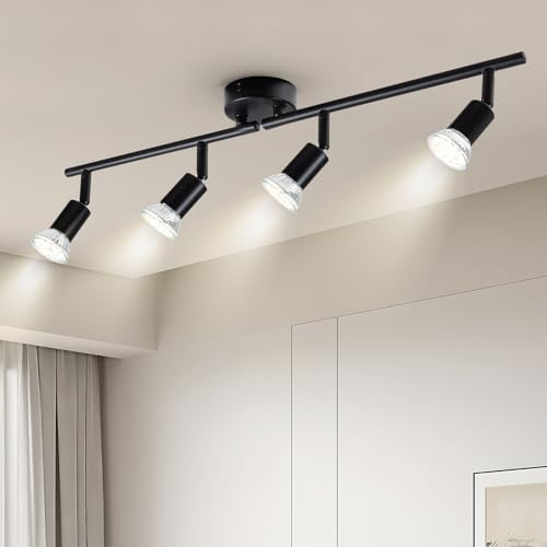 Doughelec LED Deckenstrahler 4 Flammig Deckenleuchte Shwarz, Wohnzimmerlampe Schwenkbar Deckenlampe Deckenspot GU10 Spots Modern Strahler Wandstrahler für Küche Schlafzimmer Flur, Ohne Leuchtmittel
