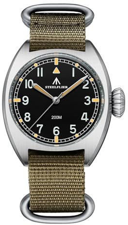 TACTICAL FROG STEELFLIER SF745 Reloj piloto de cuarzo con cristal de zafiro luminoso VH31 movimiento 36 mm reloj de pulsera para hombres, resistente al agua hasta 200 m, piloto militar