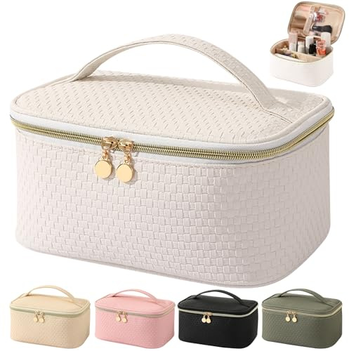 Bestash Beauty Case Donna Da Viaggio Con Sacchetto Per Pennelli, Borsa Porta Trucchi Grande Capacità Con Scomparti Organizer (Bianco Perla)