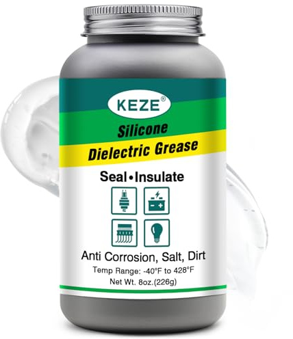 Keze Silicone Dielectric Grease Automotive Die Electric Grease Spark Plug Light Bulb Sockets Battery Terminal Electrical Contact Paste for Marine Against Salt, Dirt Corrosion Brush Top Can, 8 Oz