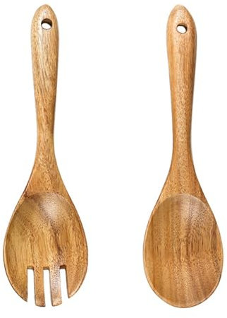2 Pieces Wooden Salad Servers,10.2 inches Wood Serving Spoons Set Salad Mixing Dinner Fork and Spoon Long Handle Salad Tongs Kitchen Cooking Utensil Cutlery Set