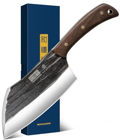 HOSHANHO Cuchillo de carnicero forjado a mano para cortar carne, cuchillos de chef de espiga completa para cocina, cocina al aire libre, camping, barbacoa