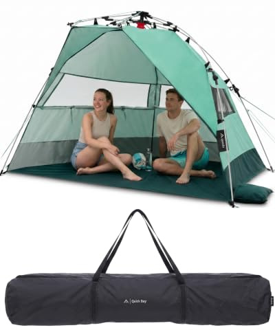 qeedo Quick Bay Strandmuschel für 2 Personen mit UV-Schutz 80+ und 360° Panorama View - leichtes Strandzelt mit Quick-Up-System für Aufbau in 10 Sekunden - Für Familien, Babys und Hunde