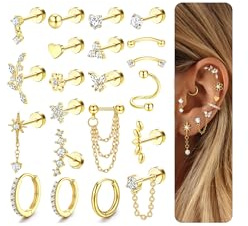 FIOROYAL 21 Piezas Piercing Oreja Acero Quirurgico Pendientes Mujer Chapados en Oro de 14K Pendientes Hipoalergenicos Mujer CZ Aro Pendiente Pequeño Conch Piercing Tragus Helix Cartílago