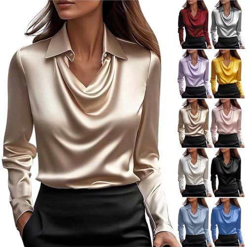 Blusas Informales de satén Elegantes para Mujer, Blusas holgadas de Manga Larga para Oficina, Blusas de satén con Cuello Vuelto y Manga Larga para Trabajo y Oficina. (Khaki,M)