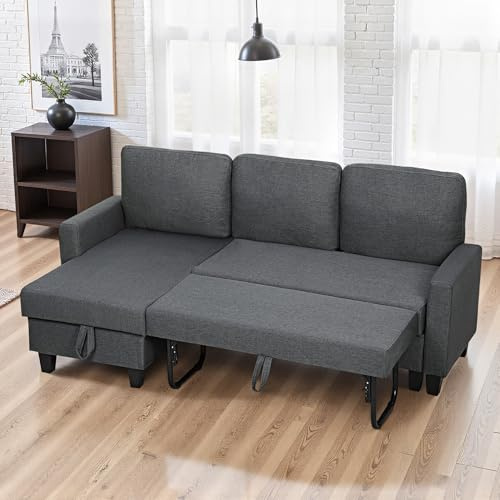 HOMCOM Corner Sofa Bed with Storage, Convertible L-Shaped Sleeper Sectional Couch with Reversible Chaise, Linen Fabric 3 Seater Pull Out Sofa Bed for Living Room, Charcoal Grey
