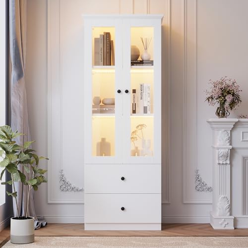 BNUZ Vitrina de 60 x 170 cm, color blanco mate, vitrina de cristal con 2 cajones, vitrina vertical, estantes ajustables, puertas batientes