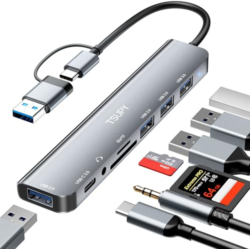 Hub USB C 8 en 2 TSUPY – Multiport avec USB 3.0, 3× USB 2.0, USB-C 2.0, Lecteur de Cartes SD/TF et Alimentation USB-C 5V – Compatible PC, MacBook, Tablette et Smartphone Type-C