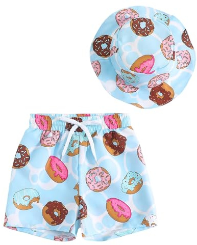 2026 Bañador para niño con estampado de donut gorro de baño a juego para playa, piscina parque acuático, multicolor, 9-12 meses