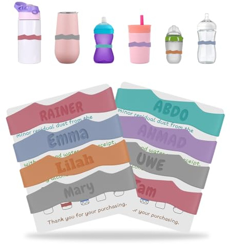 Pack 4 Banda Marcador Goma Elastica Botella de Agua Personalizada, Aro de Silicona para Botellas Personalizado, Cinta Identificadora Etiquetas Nombre Biberon Ninos, Pegatinas Impermeables Nametag Bebe