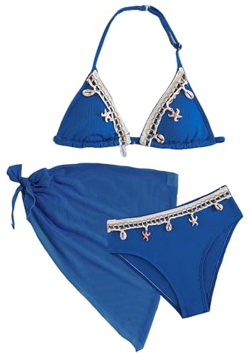 Maeau Bikini Maillot de Bain Coquilles 3 Pièces pour Fille 8-12 Ans, Haut de Bikini+Culotte+Jupe, Ensemble de Natation, Plage, Piscine