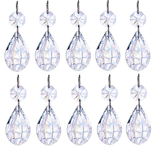 H&D HYALINE & DORA Hanging Glass Prism Parts with Silver Circle,Crystal Suncatcher for Christmas Tree Decoration, Chandelier, Art Projects, Pack of 10 (water drop shape)