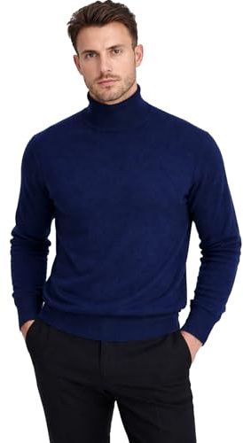 Cashmeren Men's Essential Knit Turtleneck Sweater 100% Merino Wool Long Sleeve Roll Neck Pullover (Navy, Large)