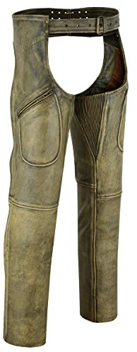 Mens Cowhide Premium Leather Elastic Fit Chaps (Distressed, Large)