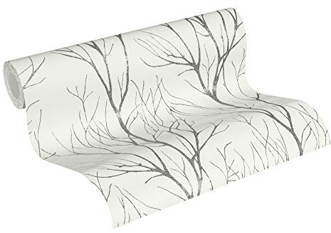Skogstapet vit svart – A.S. Création Attractive 2 372604 – träd fibertapet – 10,05 m x 0,53 m Made in Germany