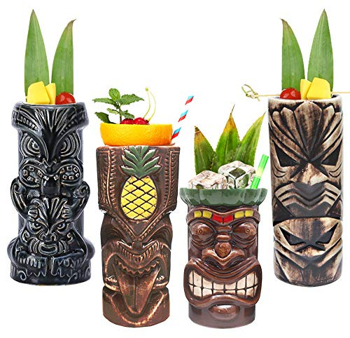 Tiki muggar cocktailset med 4 – stora tumlare keramiska Hawaiian Luau partymuggar dryckesartiklar, söta exotiska cocktailglas, Tiki Bar professionella Hawaiianska festbarartiklar, TKSET0005.