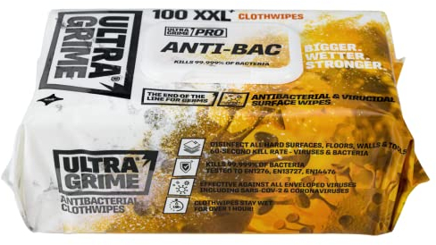 UltraGrime PRO Anti-Bac Cleaning Wet Wipes - Big Size Professional Disposable Wipes - Tougher Multi-Purpose Heavy-Duty Antibacterial Cloths (100 Thick Large Wipes)
