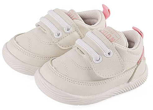 LACOFIA Zapatos Primeros Pasos Infantil Zapatillas de Deporte con Suela de Goma Antideslizante para Bebé Niñas Blanco/Rosa 17(CN 15)