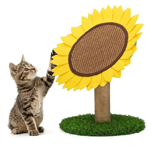 AQPET Griffoir Sunflower Tournesol 50 cm avec Niche pour Chat Arbre Aire de Jeux Tire Rayures pour Chat Jaune