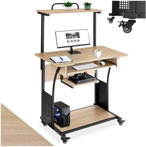 tectake® Bureau sur roulettes avec étagères et tiroir à Clavier, 80 x 65,5 x 130,5 cm, Table de Bureau, Bureaux Ordinateur Meuble pc Table de Travail Meuble Ordinateur Desk Teletravail, Bois Clair