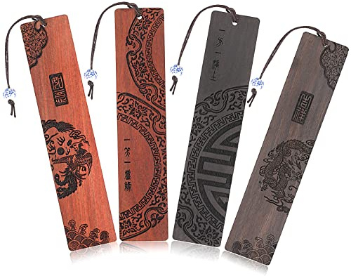 Vin Beauty 4PCS Wooden Bookmark for Men & Women, Handmade Natural Wooden Carving, Traditional Style Book Marks Accessories, Birthday Present