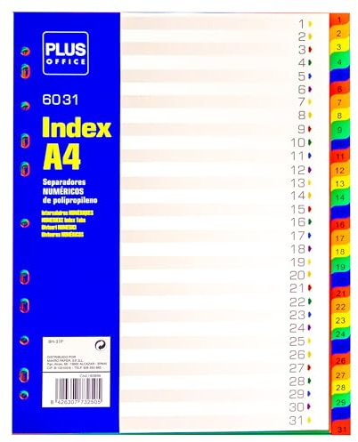 Plus Office – Separadores Numéricos A4 para Archivador, Índices Numéricos para Carpeta, Carpesano y Archivador de 2 a 4 anillas, Separadores Ideales para Oficina y Escuela (31 Posiciones)