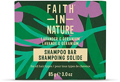 Faith in Nature Saponetta Shampoo Naturale alla Lavanda & Geranio, Addolcente, Vegana e Non Testata su Animali, Senza SLS e Parabeni, Tutti i Tipi di Capelli, 85 g