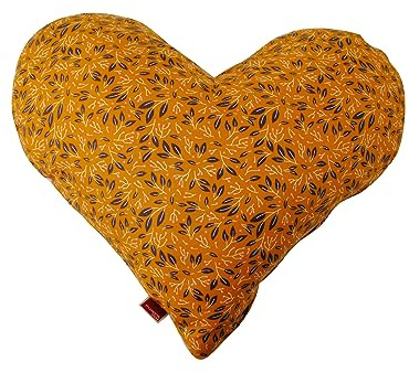POWER INN hjärtkudde liten ca 50 x 43 cm | Present till bröllop, mors dag eller alla hjärtans dag | dekorativ kudde och gosig kudde i hjärtform | tyg 100 % bomull | (ockra med blad)