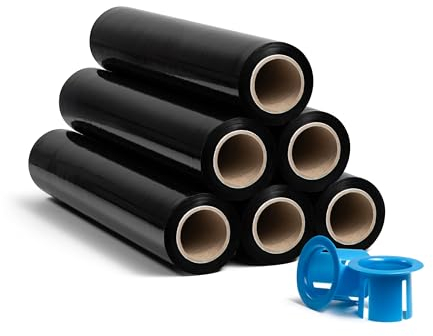 RAGO® Stretchfolie Schwarz 6 Stück I Strechfolienrolle mit Handabroller 0,85 kg (7,5 x 7,5 x 40 cm) I Möbelfolie I Verpackungsmaterial I Umzugsfolie I Folie für möbel I Packfolien 150m