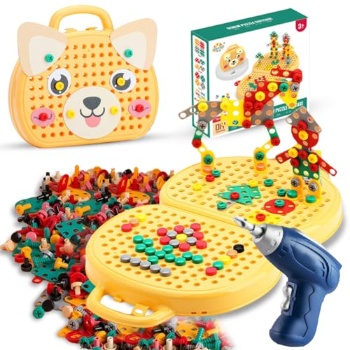 Magic Montessori Play Toolbox, Montessori leksakslåda med borrmaskin Montessori leksak från 3 år, 3D-pussel, mosaik, leksak, kreativ, verktygslåda med borr för barn från 3–12 år, hund